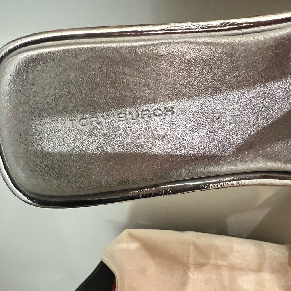 Tory Burch Crystal Double T slide Metallic Silver Sandals - Picture 4 of 9